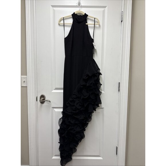 Betsy & Adam Size 4 Black Ruffle Asymmetric Halter Formal Prom Dress Gown $340 - Picture 5 of 12